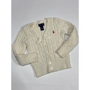 Ralph Lauren Cardigan Girls 4 Cream Cable Knit Bow Front V-Neck Sweater Preppy